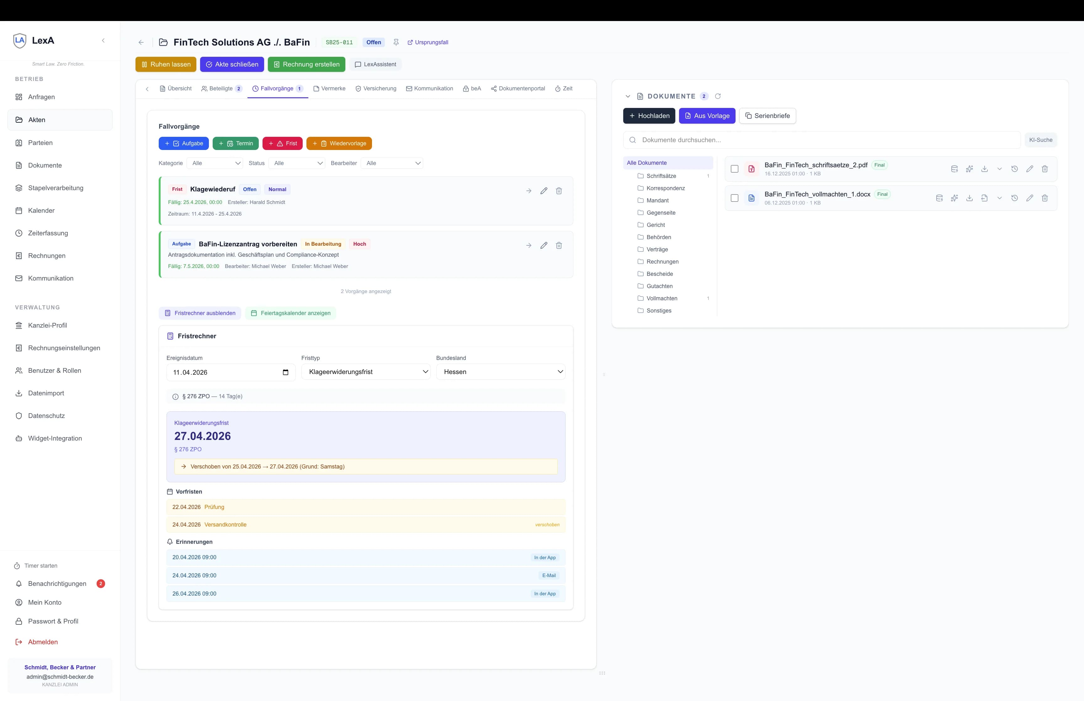 Fallvorgänge mit Fristenrechner, Kalender und Wiedervorlagen