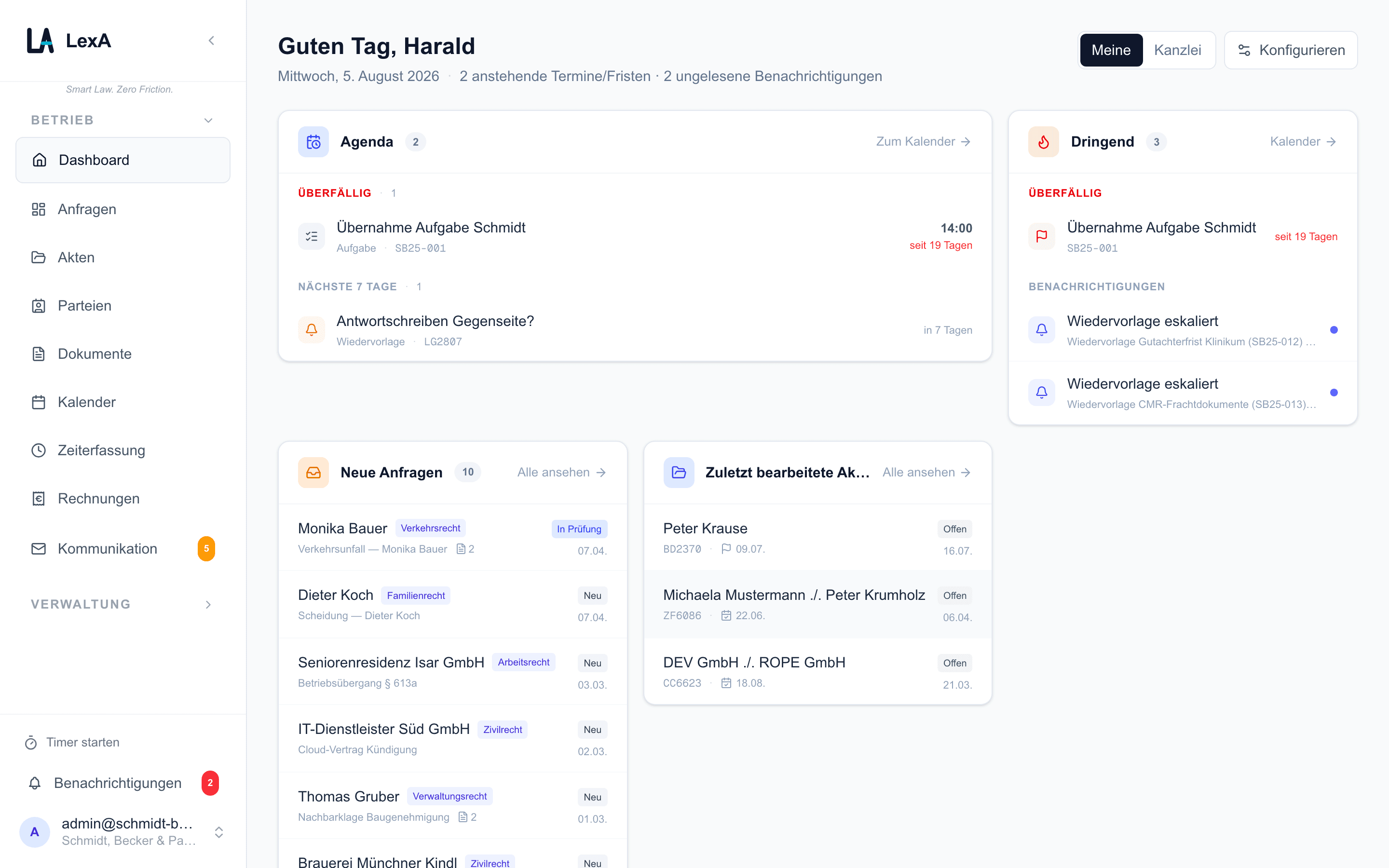 LexA Dashboard mit Agenda, Anfragen und Aktenübersicht