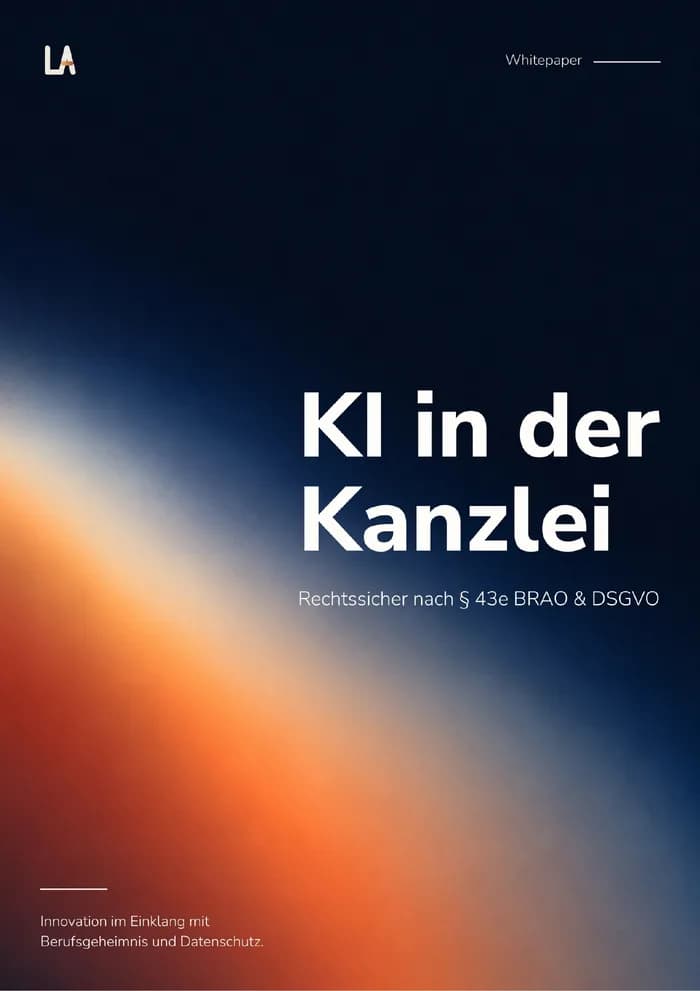 Titelseite des Whitepapers „KI in der Kanzlei – Rechtssicher nach § 43e BRAO & DSGVO“